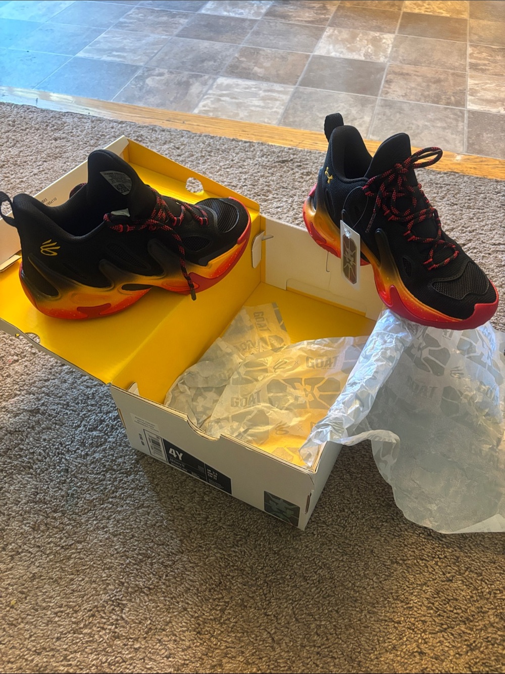 Under Armour GS Curry 13- 4Y Kids Black Athletic Sneakers with Red and Yellow